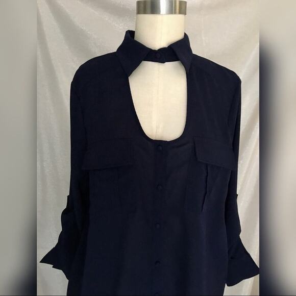 Double Zero Navy Blue Black High Low Semi Sheer Button Shirt M - Picture 3 of 10